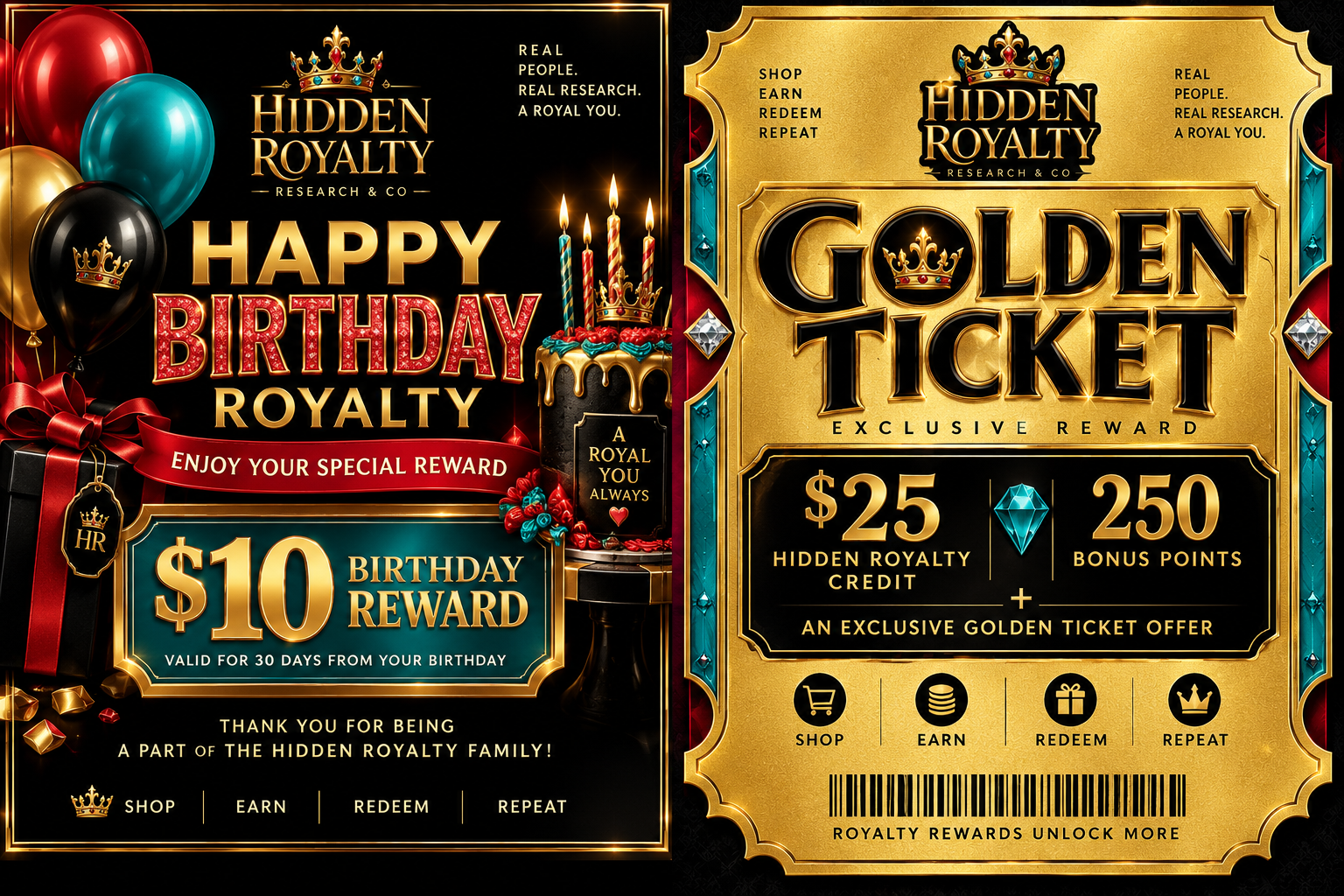 Birthday reward of $10, valid for 30 days from your birthday, and Golden Ticket with $25 credit, 250 bonus points and an exclusive offer.